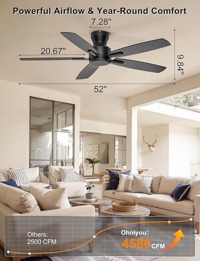 52 Inch Ceiling Fan No Light, Low Profile Ceiling Fan with Remote and App Control, Flush Mount Ceiling Fan without Light for