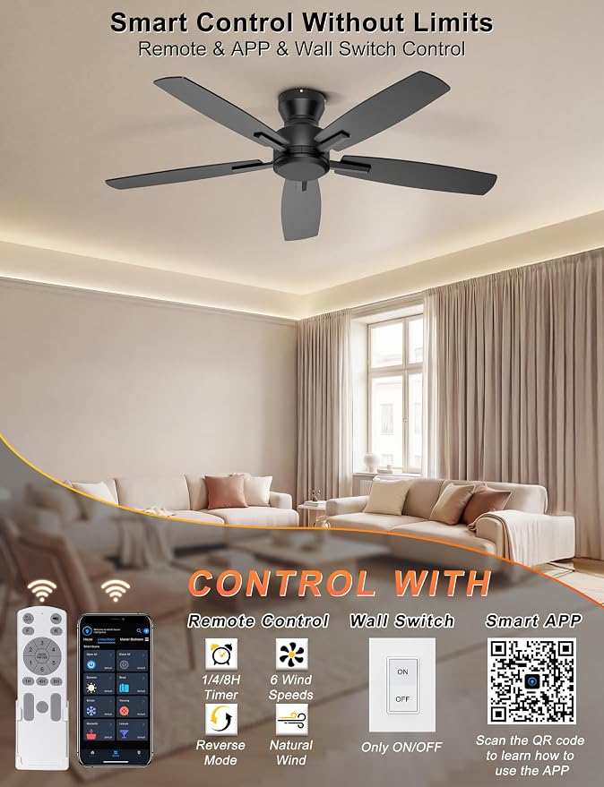 52 Inch Ceiling Fan No Light, Low Profile Ceiling Fan with Remote and App Control, Flush Mount Ceiling Fan without Light for