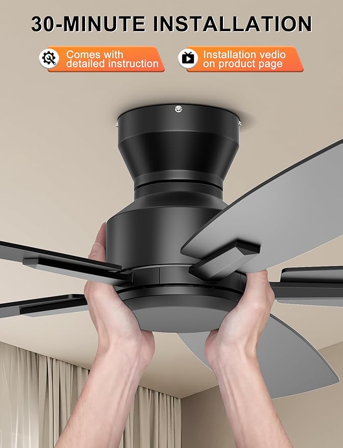 52 Inch Ceiling Fan No Light, Low Profile Ceiling Fan with Remote and App Control, Flush Mount Ceiling Fan without Light for