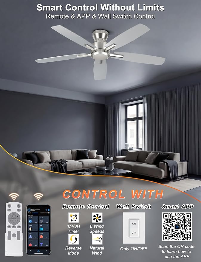 52 Inch Ceiling Fan No Light, Low Profile Ceiling Fan with Remote and App Control, Flush Mount Ceiling Fan without Light for