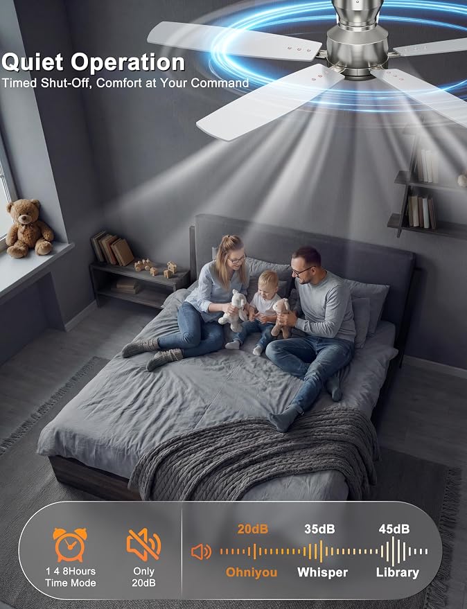 52 Inch Ceiling Fan No Light, Low Profile Ceiling Fan with Remote and App Control, Flush Mount Ceiling Fan without Light for