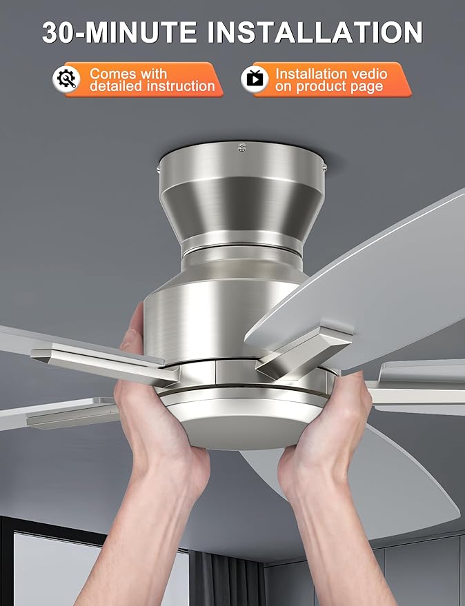 52 Inch Ceiling Fan No Light, Low Profile Ceiling Fan with Remote and App Control, Flush Mount Ceiling Fan without Light for