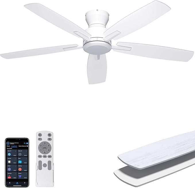 52 Inch Ceiling Fan No Light, Low Profile Ceiling Fan with Remote and App Control, Flush Mount Ceiling Fan without Light for