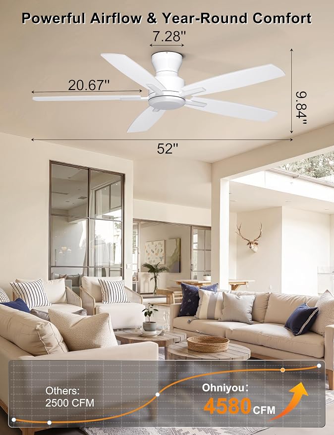 52 Inch Ceiling Fan No Light, Low Profile Ceiling Fan with Remote and App Control, Flush Mount Ceiling Fan without Light for