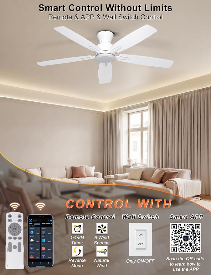 52 Inch Ceiling Fan No Light, Low Profile Ceiling Fan with Remote and App Control, Flush Mount Ceiling Fan without Light for