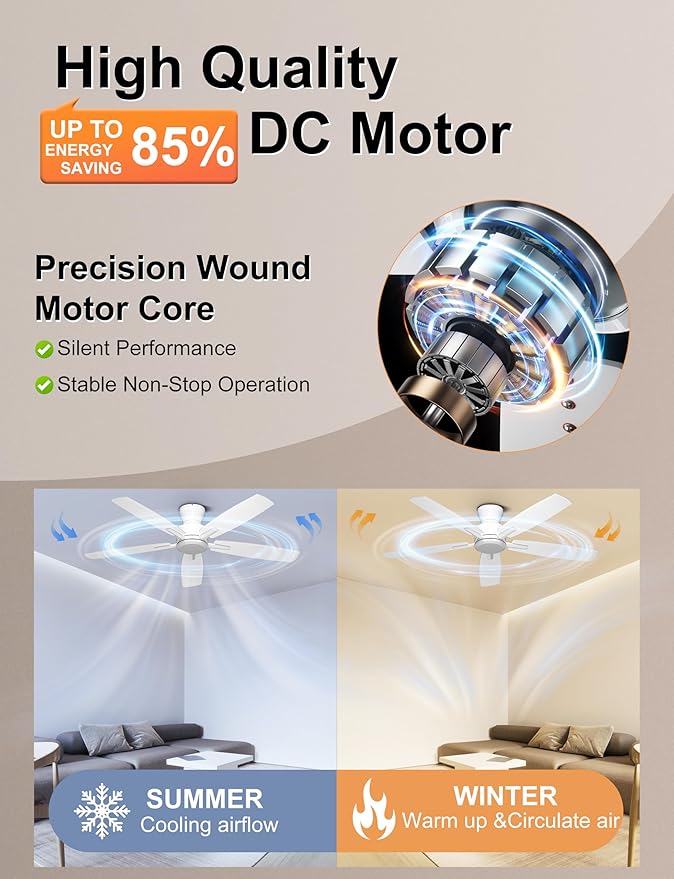 52 Inch Ceiling Fan No Light, Low Profile Ceiling Fan with Remote and App Control, Flush Mount Ceiling Fan without Light for