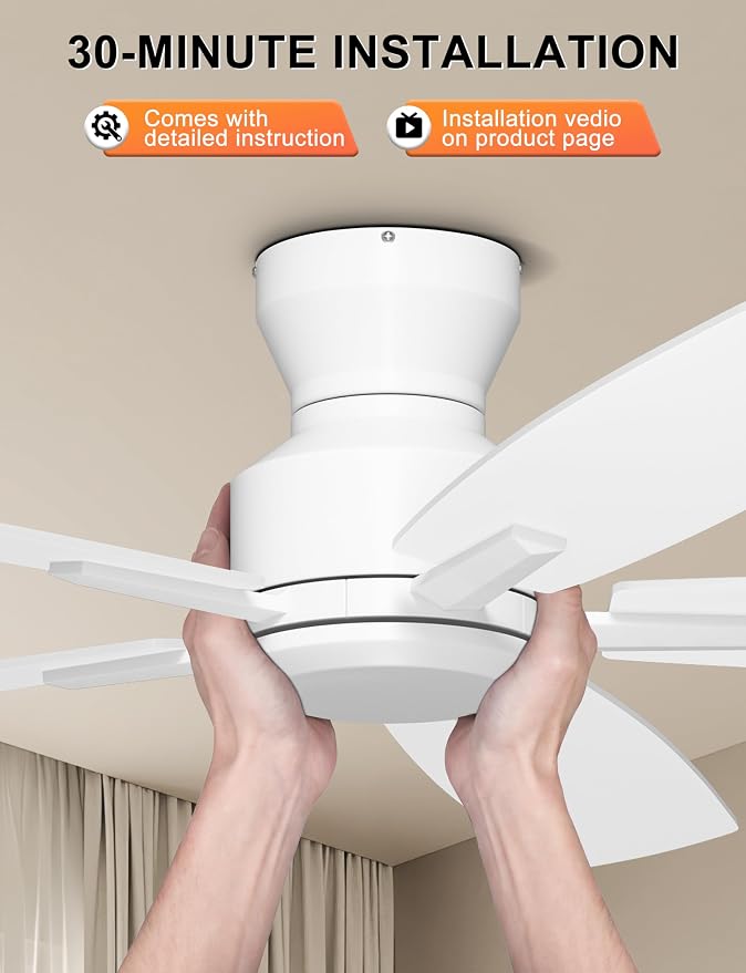 52 Inch Ceiling Fan No Light, Low Profile Ceiling Fan with Remote and App Control, Flush Mount Ceiling Fan without Light for