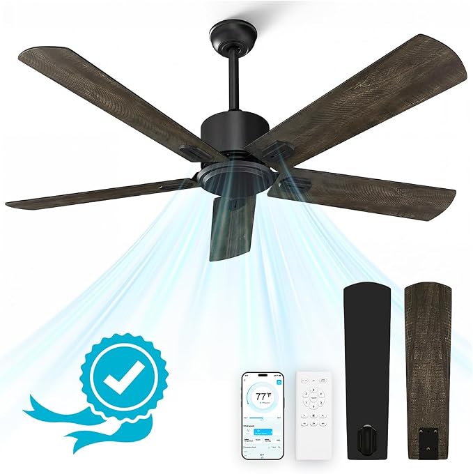 52 Inch Ceiling Fan No Light, Modern Black Ceiling Fan Without Light with Remote & APP, Quiet Reversible DC Motor, 6-Speeds