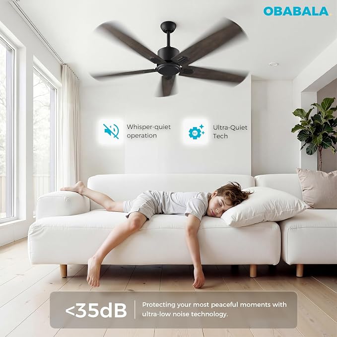52 Inch Ceiling Fan No Light, Modern Black Ceiling Fan Without Light with Remote & APP, Quiet Reversible DC Motor, 6-Speeds
