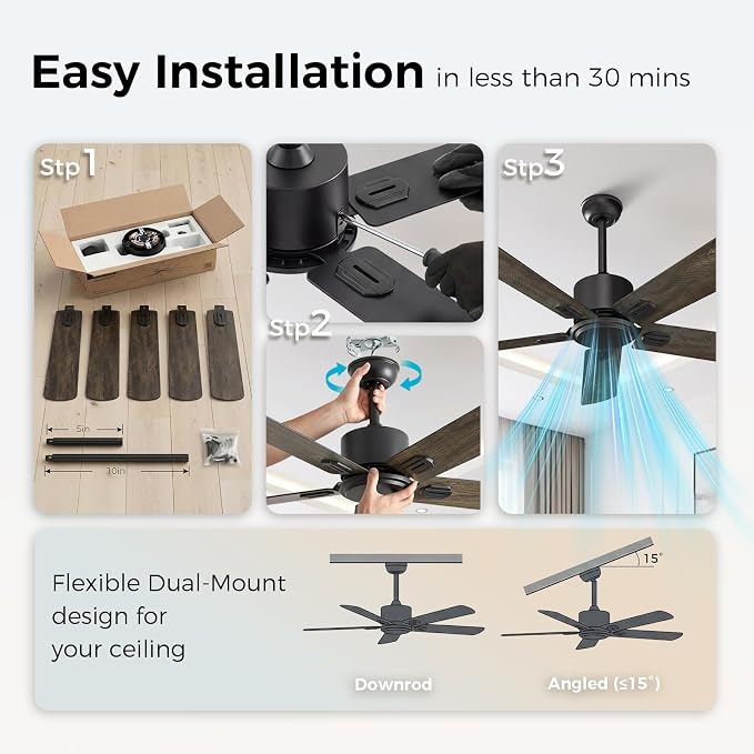 52 Inch Ceiling Fan No Light, Modern Black Ceiling Fan Without Light with Remote & APP, Quiet Reversible DC Motor, 6-Speeds