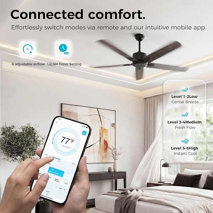 52 Inch Ceiling Fan No Light, Modern Black Ceiling Fan Without Light with Remote & APP, Quiet Reversible DC Motor, 6-Speeds
