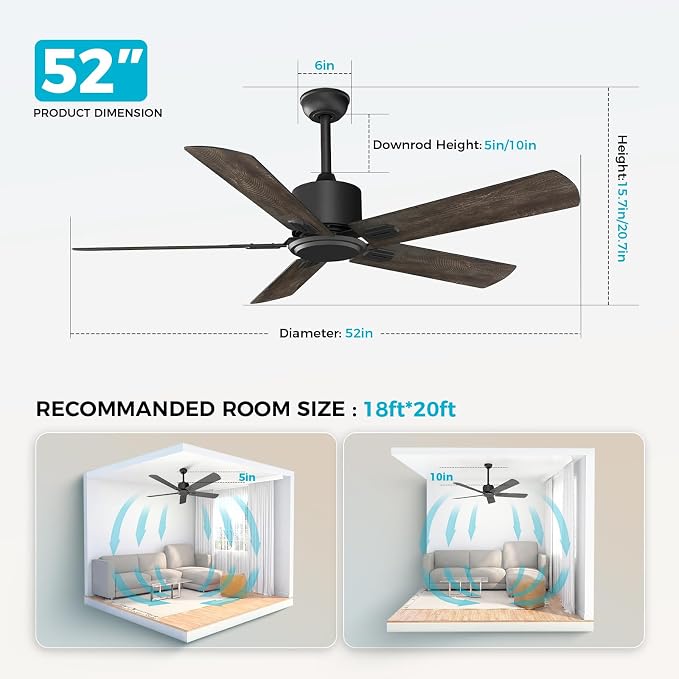 52 Inch Ceiling Fan No Light, Modern Black Ceiling Fan Without Light with Remote & APP, Quiet Reversible DC Motor, 6-Speeds