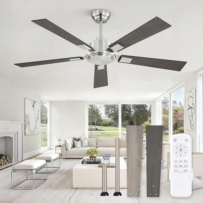 52 Inch Ceiling Fan No Light with Remote Modern Nickel Ceiling Fan with Quiet Reversible DC Motor, 6-Speeds 5 Blades