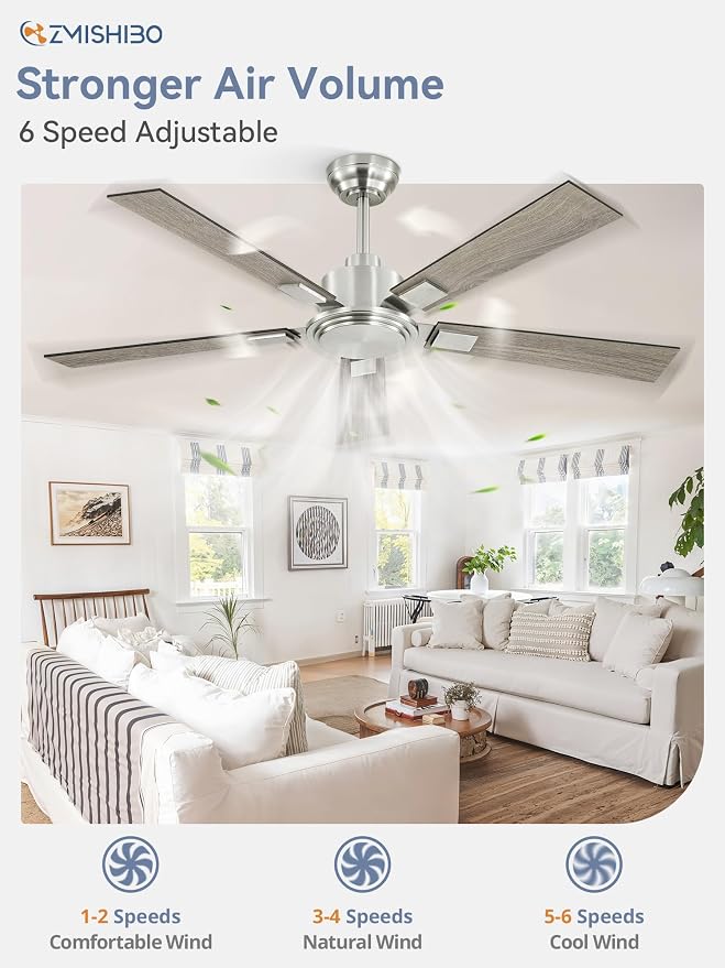 52 Inch Ceiling Fan No Light with Remote Modern Nickel Ceiling Fan with Quiet Reversible DC Motor, 6-Speeds 5 Blades