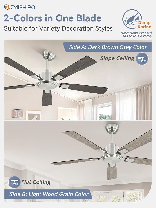 52 Inch Ceiling Fan No Light with Remote Modern Nickel Ceiling Fan with Quiet Reversible DC Motor, 6-Speeds 5 Blades