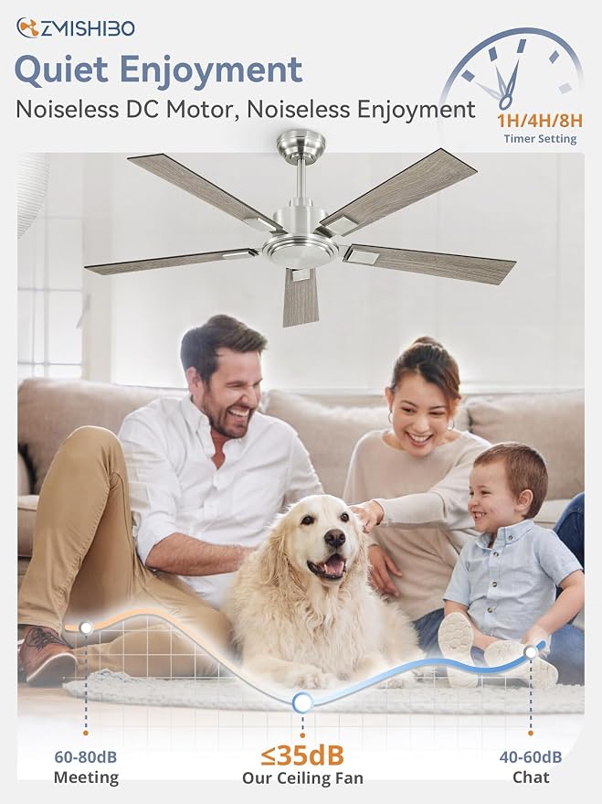 52 Inch Ceiling Fan No Light with Remote Modern Nickel Ceiling Fan with Quiet Reversible DC Motor, 6-Speeds 5 Blades