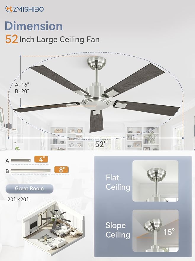 52 Inch Ceiling Fan No Light with Remote Modern Nickel Ceiling Fan with Quiet Reversible DC Motor, 6-Speeds 5 Blades