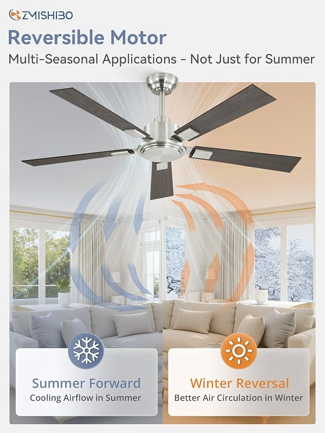 52 Inch Ceiling Fan No Light with Remote Modern Nickel Ceiling Fan with Quiet Reversible DC Motor, 6-Speeds 5 Blades