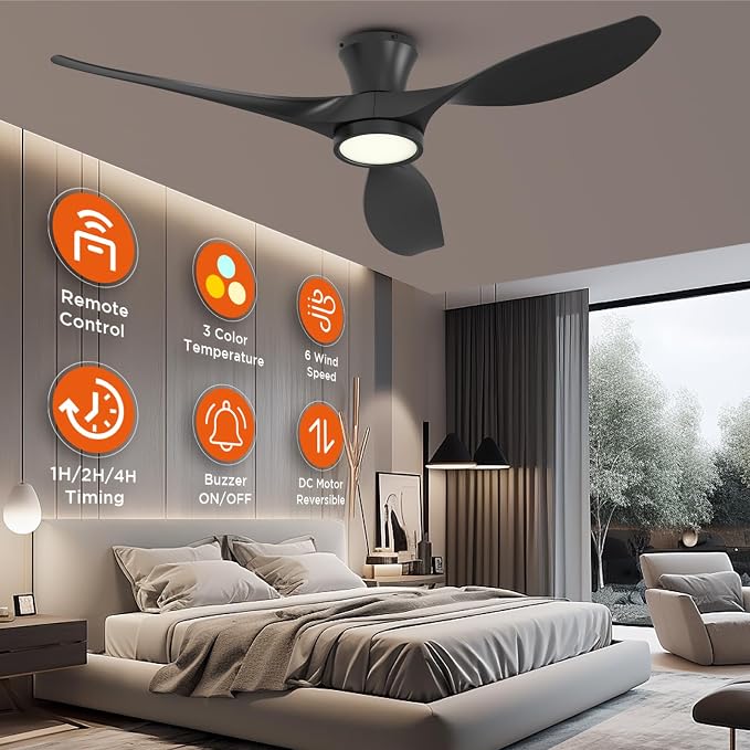 52 Inch Ceiling Fan with Led Light Remote Control Flush Mount Low Profile for Bedroom Farmhouse Patio Outdoor Living Room