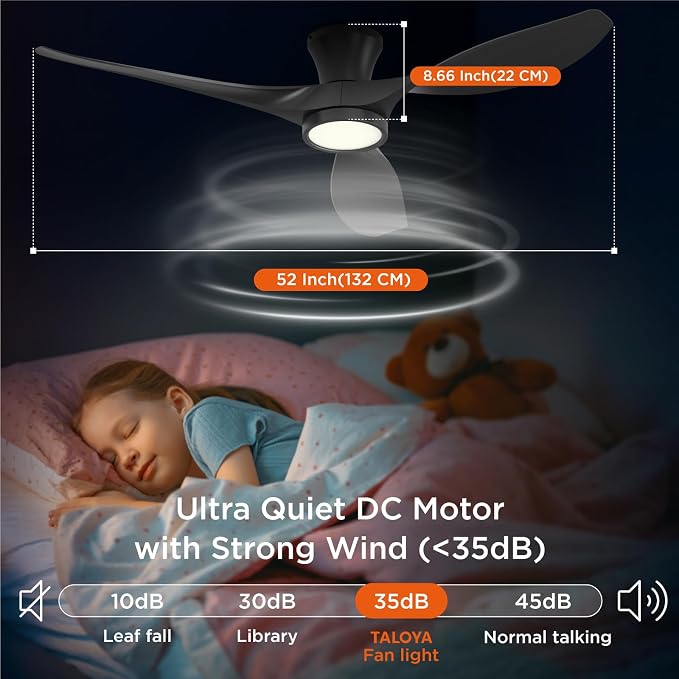 52 Inch Ceiling Fan with Led Light Remote Control Flush Mount Low Profile for Bedroom Farmhouse Patio Outdoor Living Room