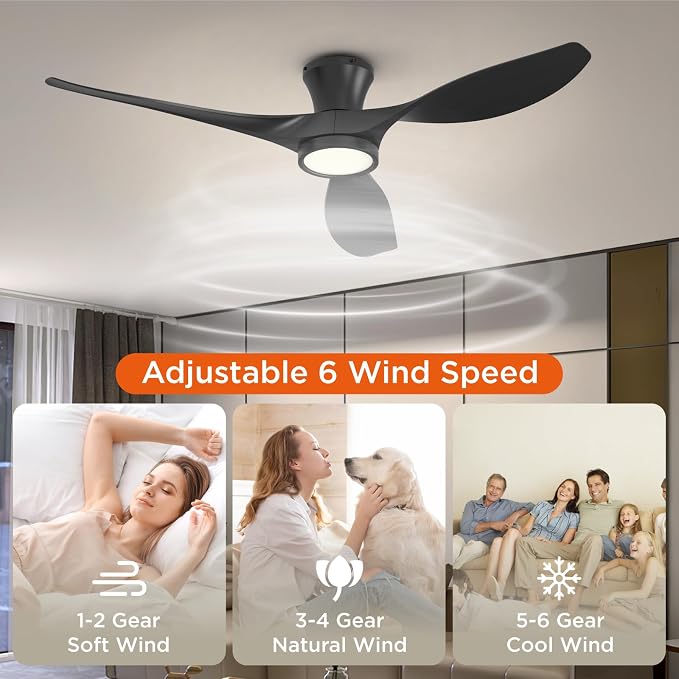 52 Inch Ceiling Fan with Led Light Remote Control Flush Mount Low Profile for Bedroom Farmhouse Patio Outdoor Living Room