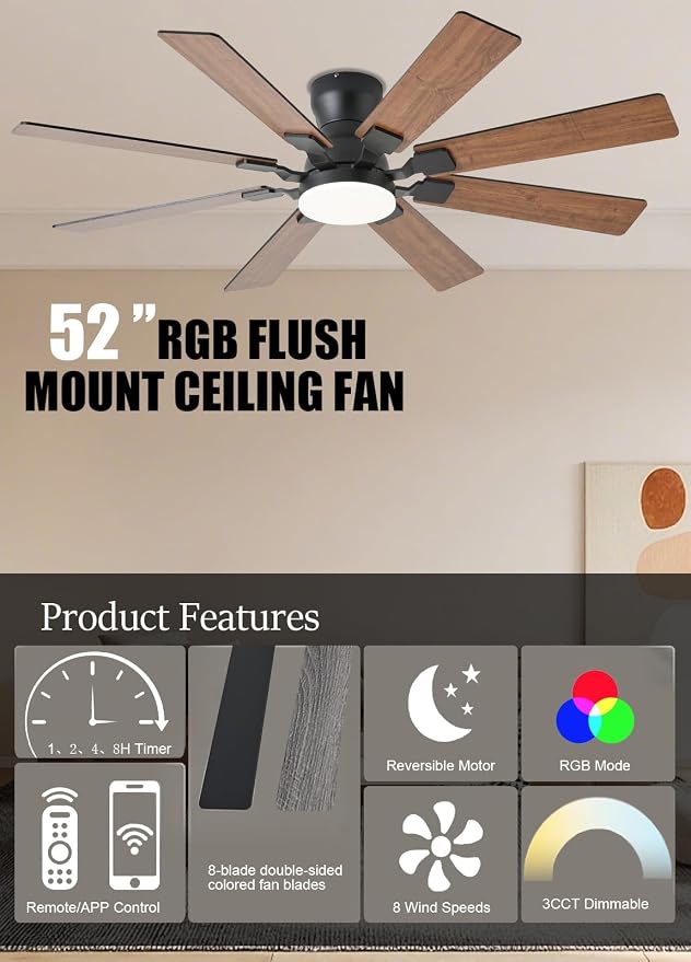 52 inch Ceiling Fan with Light, 6 Speeds Reversible Low Profile Ceiling Fan with Light and Remote/APP Control, 3 Color