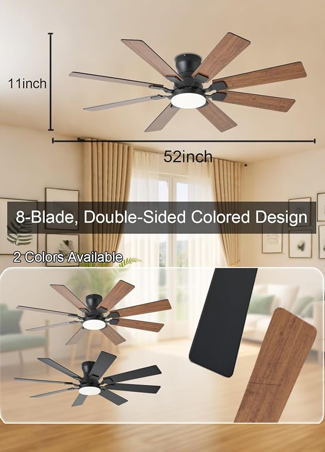 52 inch Ceiling Fan with Light, 6 Speeds Reversible Low Profile Ceiling Fan with Light and Remote/APP Control, 3 Color