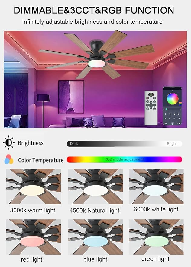 52 inch Ceiling Fan with Light, 6 Speeds Reversible Low Profile Ceiling Fan with Light and Remote/APP Control, 3 Color