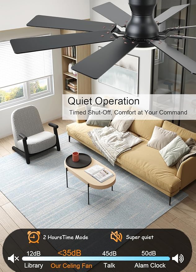 52 inch Ceiling Fan with Light, 6 Speeds Reversible Low Profile Ceiling Fan with Light and Remote/APP Control, 3 Color