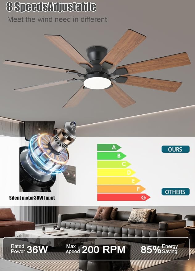 52 inch Ceiling Fan with Light, 6 Speeds Reversible Low Profile Ceiling Fan with Light and Remote/APP Control, 3 Color