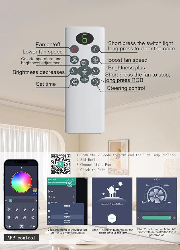 52 inch Ceiling Fan with Light, 6 Speeds Reversible Low Profile Ceiling Fan with Light and Remote/APP Control, 3 Color