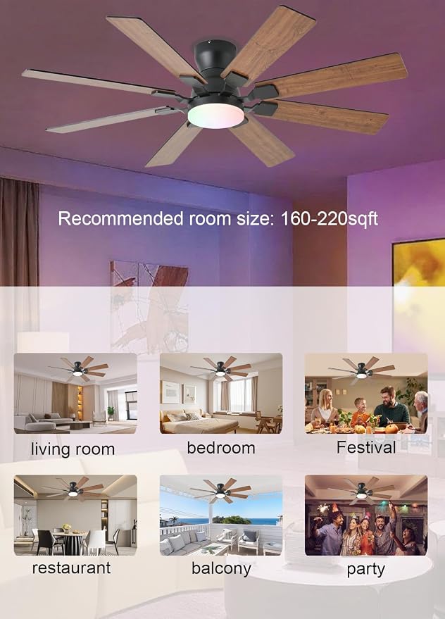 52 inch Ceiling Fan with Light, 6 Speeds Reversible Low Profile Ceiling Fan with Light and Remote/APP Control, 3 Color