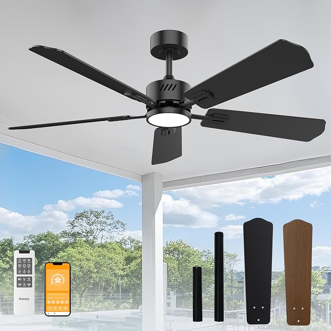 52 inch Ceiling Fan with Light,6CCT,5 Blade,Low Profile Ceiling Fan with Light and Remote Control,Downrods,Black,Living