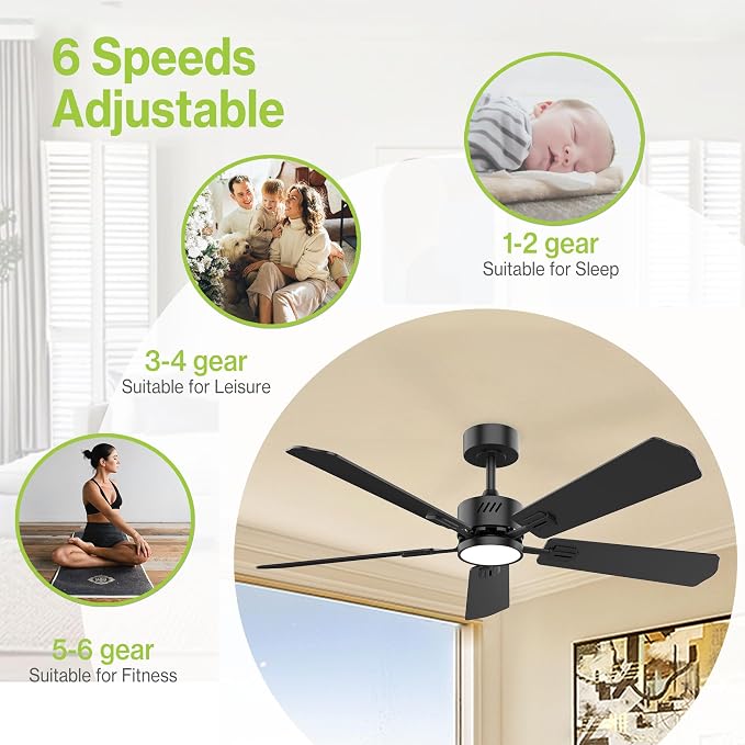 52 inch Ceiling Fan with Light,6CCT,5 Blade,Low Profile Ceiling Fan with Light and Remote Control,Downrods,Black,Living
