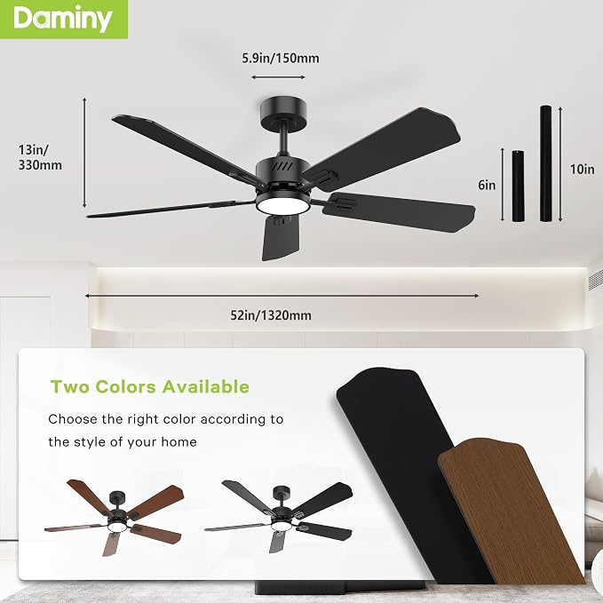 52 inch Ceiling Fan with Light,6CCT,5 Blade,Low Profile Ceiling Fan with Light and Remote Control,Downrods,Black,Living