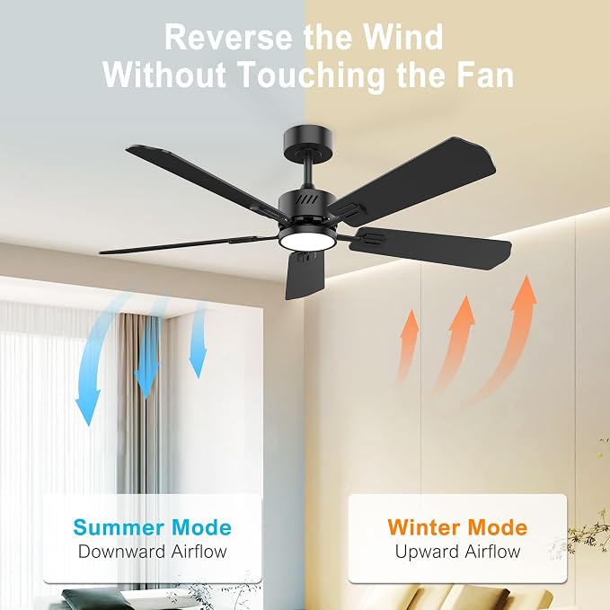52 inch Ceiling Fan with Light,6CCT,5 Blade,Low Profile Ceiling Fan with Light and Remote Control,Downrods,Black,Living