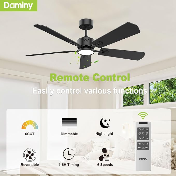 52 inch Ceiling Fan with Light,6CCT,5 Blade,Low Profile Ceiling Fan with Light and Remote Control,Downrods,Black,Living