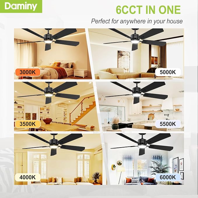 52 inch Ceiling Fan with Light,6CCT,5 Blade,Low Profile Ceiling Fan with Light and Remote Control,Downrods,Black,Living