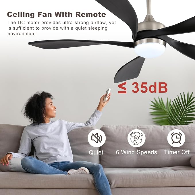 52 Inch Ceiling Fan with Light and Remote Control, 6-Speed Reversible Quiet DC Motor, 3 Color Temperatures LED Light, 3 Timer