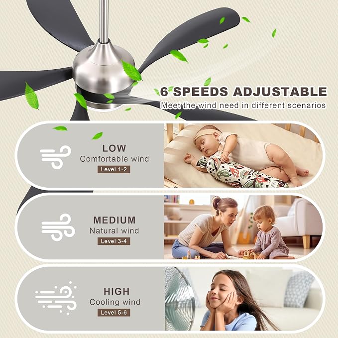 52 Inch Ceiling Fan with Light and Remote Control, 6-Speed Reversible Quiet DC Motor, 3 Color Temperatures LED Light, 3 Timer
