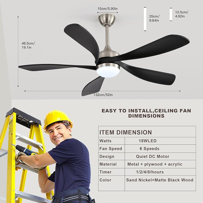 52 Inch Ceiling Fan with Light and Remote Control, 6-Speed Reversible Quiet DC Motor, 3 Color Temperatures LED Light, 3 Timer