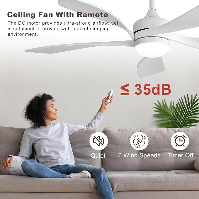 52 Inch Ceiling Fan with Light and Remote Control, 6-Speed Reversible Quiet DC Motor, 3 Color Temperatures LED, alternate