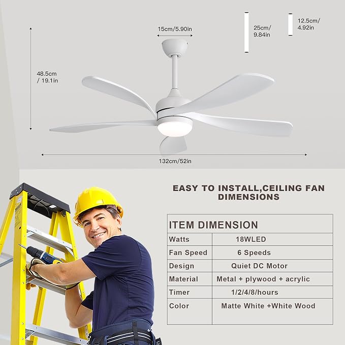 52 Inch Ceiling Fan with Light and Remote Control, 6-Speed Reversible Quiet DC Motor, 3 Color Temperatures LED, alternate
