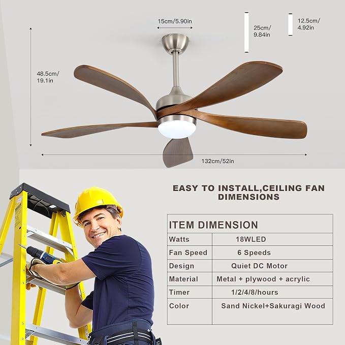 52 Inch Ceiling Fan with Light and Remote Control, 6-Speed Reversible Quiet DC Motor, 3 Color Temperatures LED, alternate
