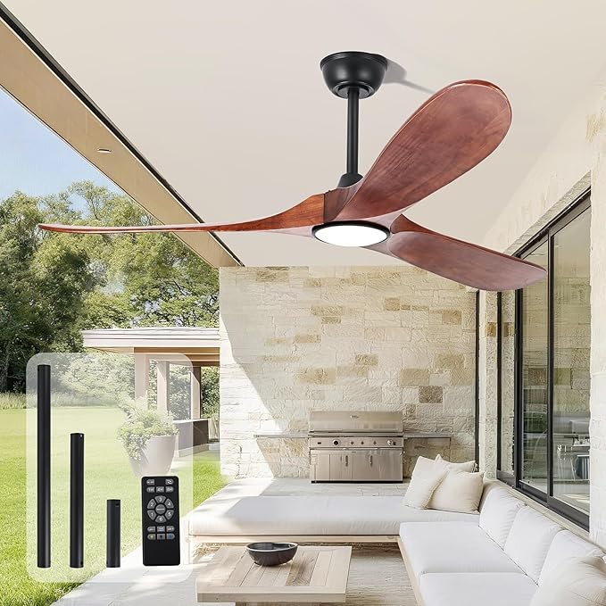 52 Inch Ceiling Fan with Light and Remote,Wood Outdoor Ceiling Fans with Lights Dimmable for Bedroom Living Room Patios