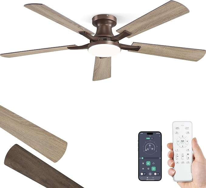 52 Inch Ceiling Fan with Light, App&Remote Control, Flush Mount Low Profile, Dimmable 20W LED Light, Quiet Reversible Motor