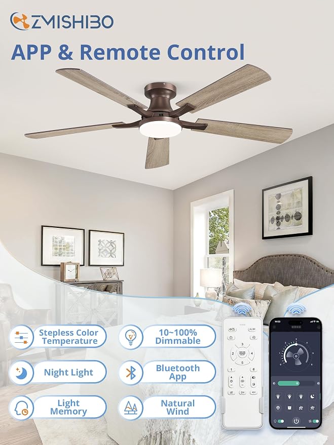 52 Inch Ceiling Fan with Light, App&Remote Control, Flush Mount Low Profile, Dimmable 20W LED Light, Quiet Reversible Motor