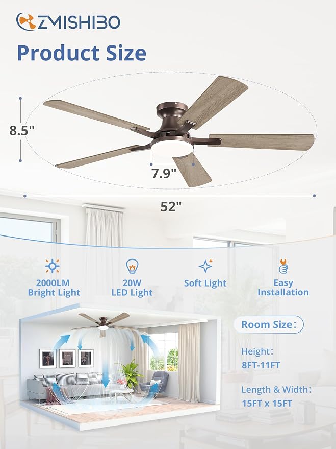 52 Inch Ceiling Fan with Light, App&Remote Control, Flush Mount Low Profile, Dimmable 20W LED Light, Quiet Reversible Motor