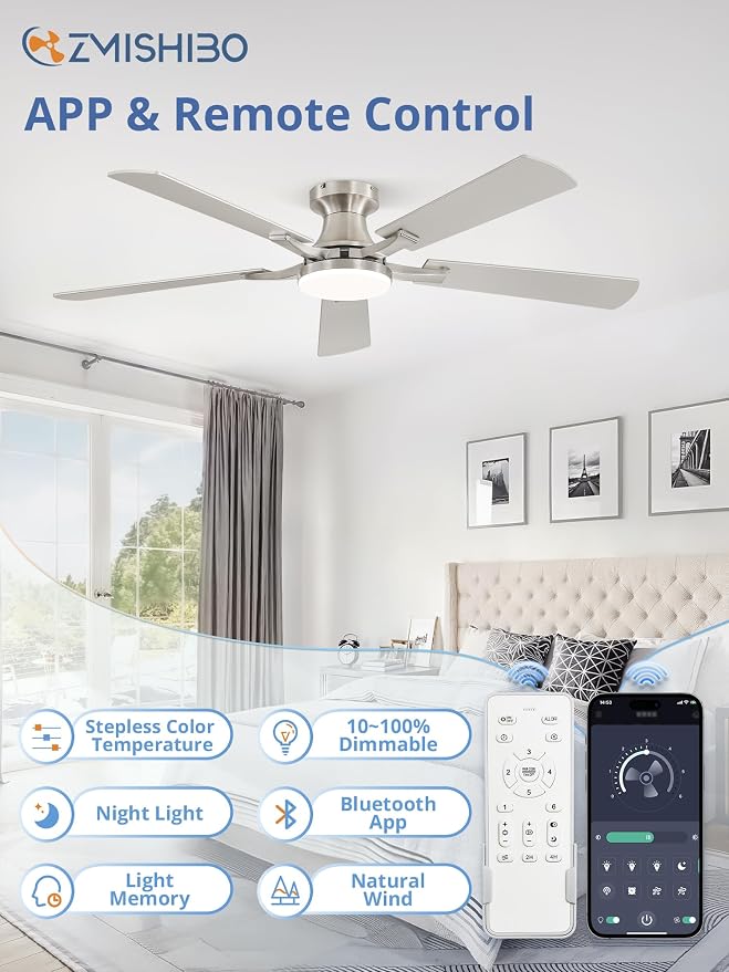 52 Inch Ceiling Fan with Light, App&Remote Control, Flush Mount Low Profile, Dimmable 20W LED Light, Quiet, alternate view 2
