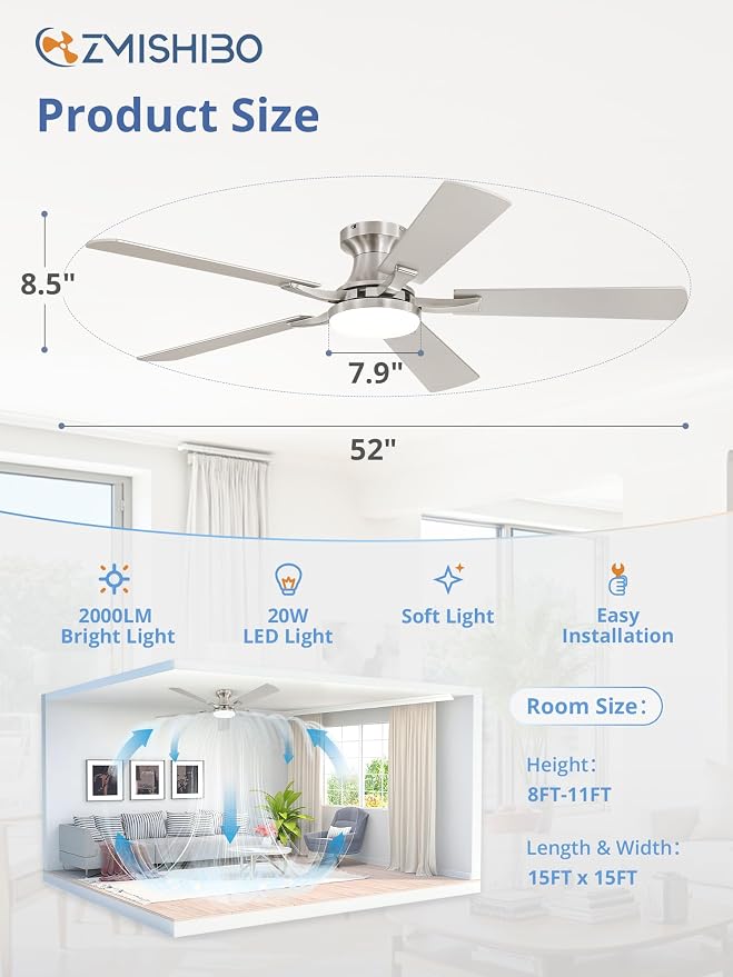 52 Inch Ceiling Fan with Light, App&Remote Control, Flush Mount Low Profile, Dimmable 20W LED Light, Quiet, alternate view 7